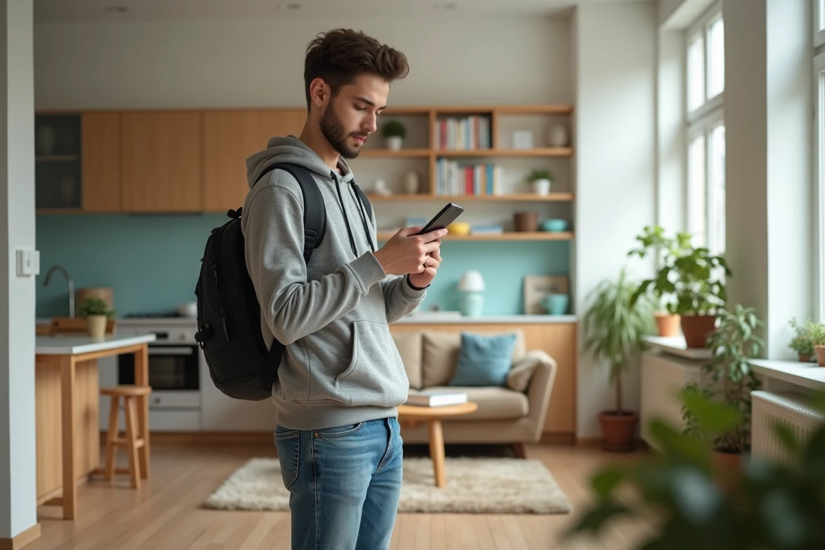 Jeune étudiant vérifiant un message dans son appartement