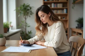 Jeune femme étudie un contrat de location dans un appartement moderne