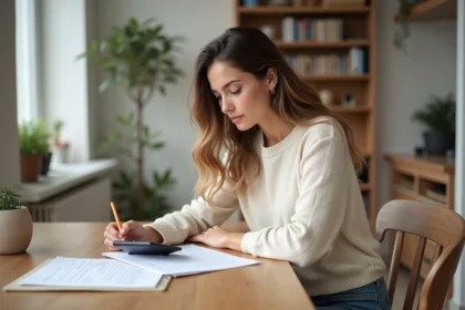 Jeune femme étudie un contrat de location dans un appartement moderne