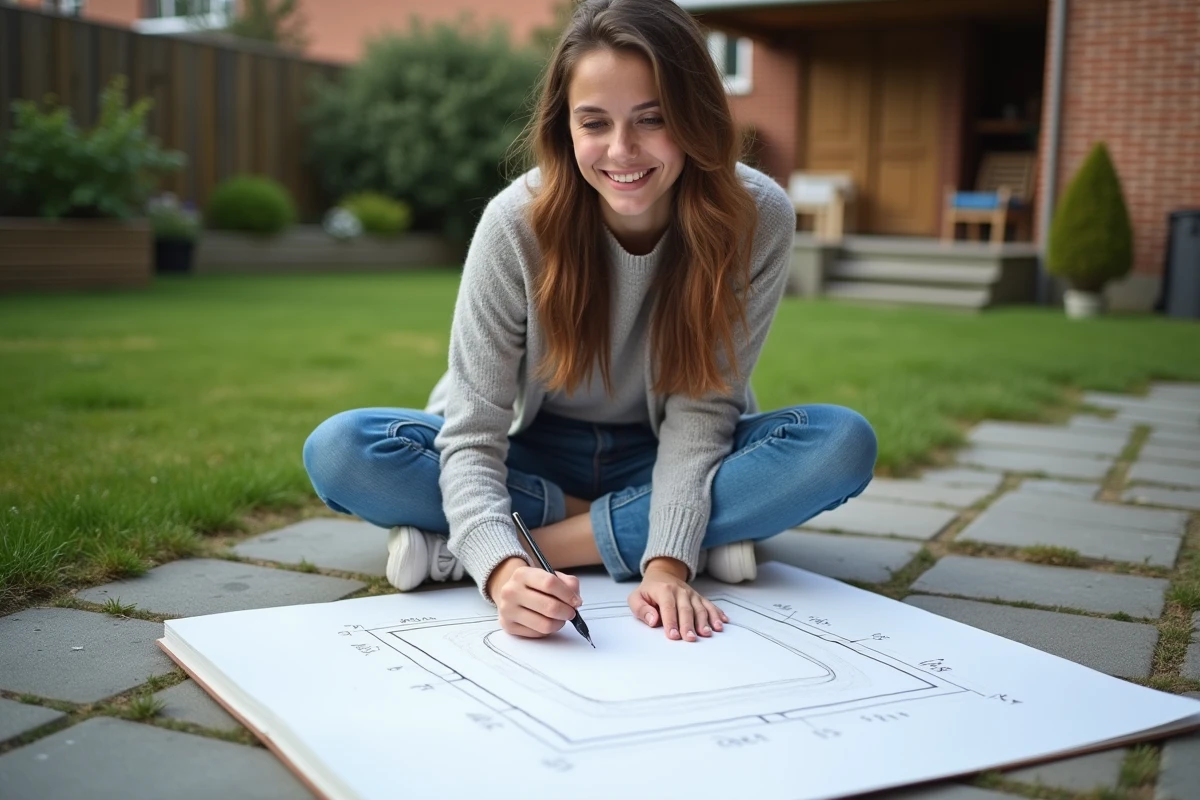 Jeune femme dessinant un plan sur un patio extérieur