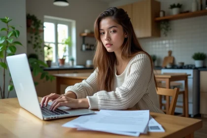 Jeune femme en intérieur examine des documents de location