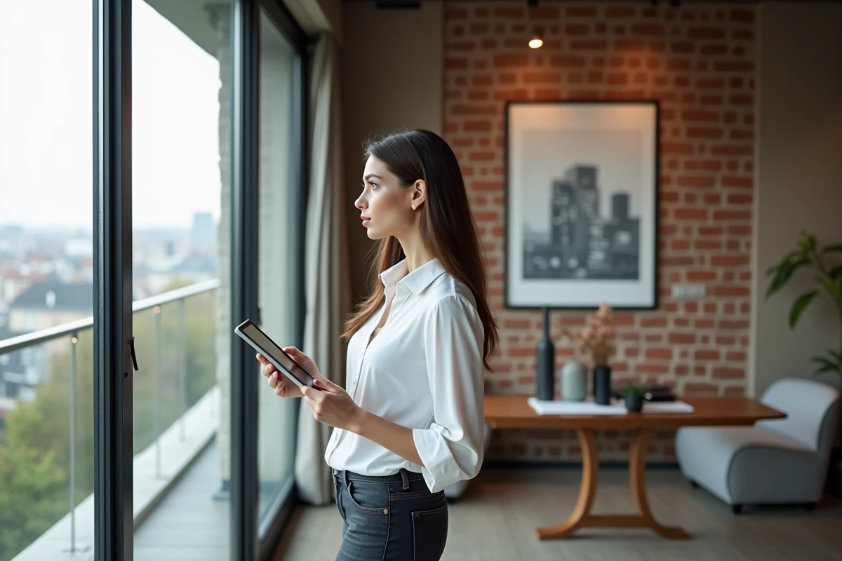 Jeune femme regardant la ville depuis un loft moderne