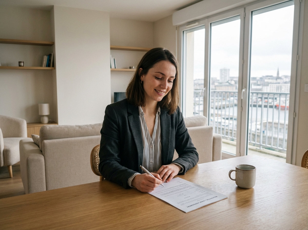 Jeune locataire signe un contrat de location dans un appartement moderne