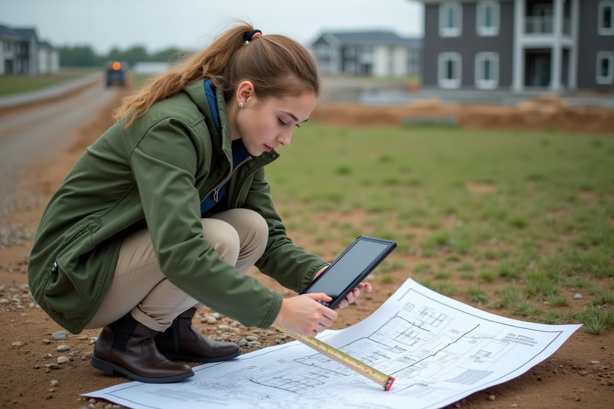 Jeune femme en extérieur analysant un plan de construction