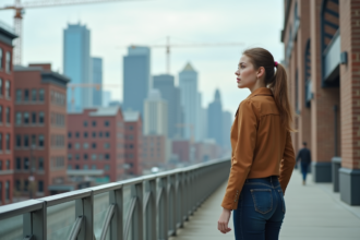 Jeune femme observant la skyline urbaine en pleine évolution
