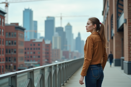 Jeune femme observant la skyline urbaine en pleine évolution