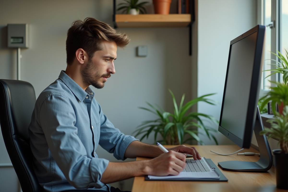 Jeune homme en tenue décontractée prenant des notes dans un bureau