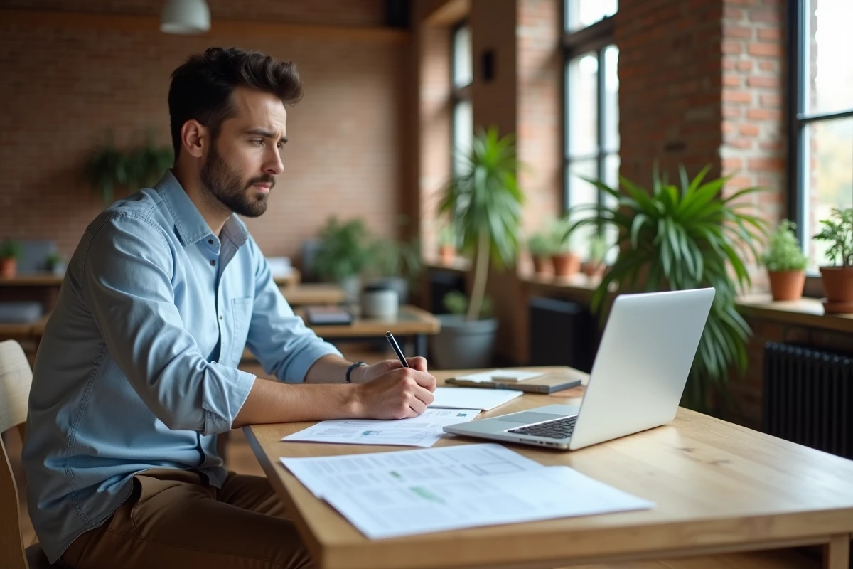Jeune homme travaillant à un bureau dans loft lumineux