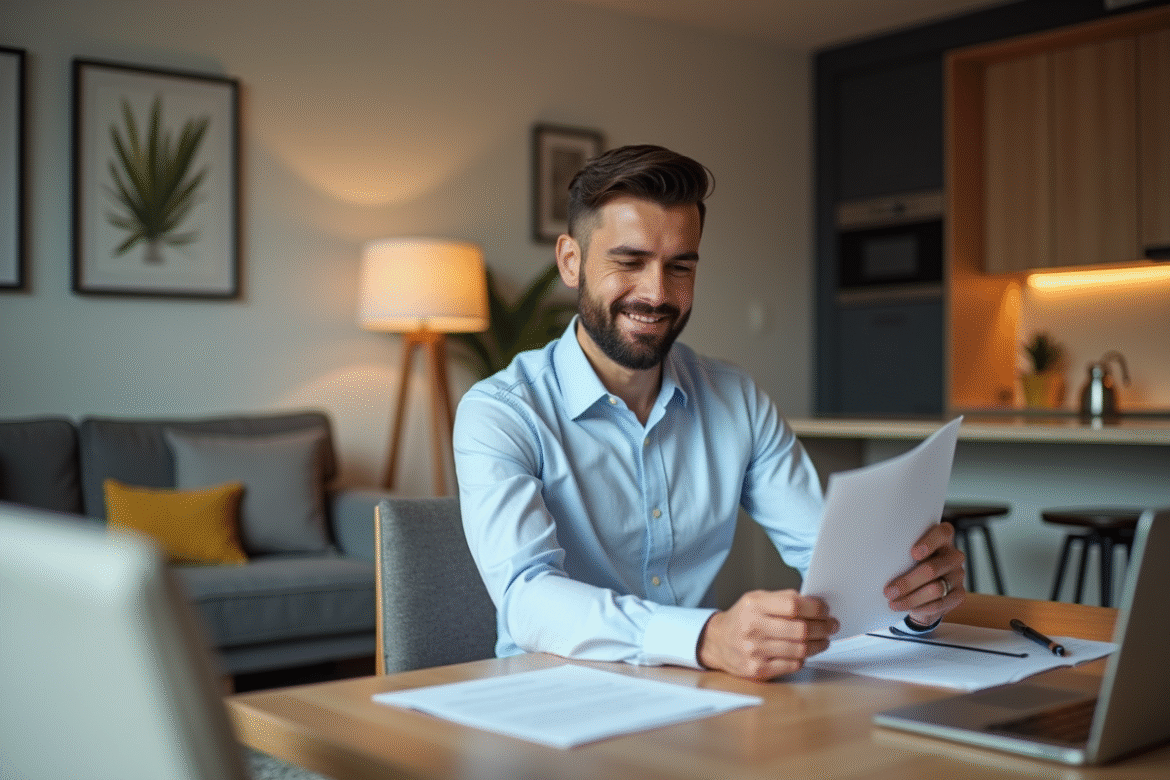 Jeune homme d'affaires examine des documents de location dans un appartement moderne