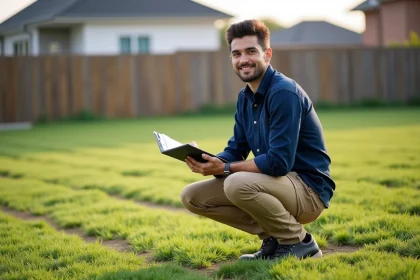 Jeune homme en extérieur dans un jardin urbain avec un carnet