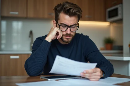 Jeune homme en sweater lisant des papiers dans une cuisine moderne