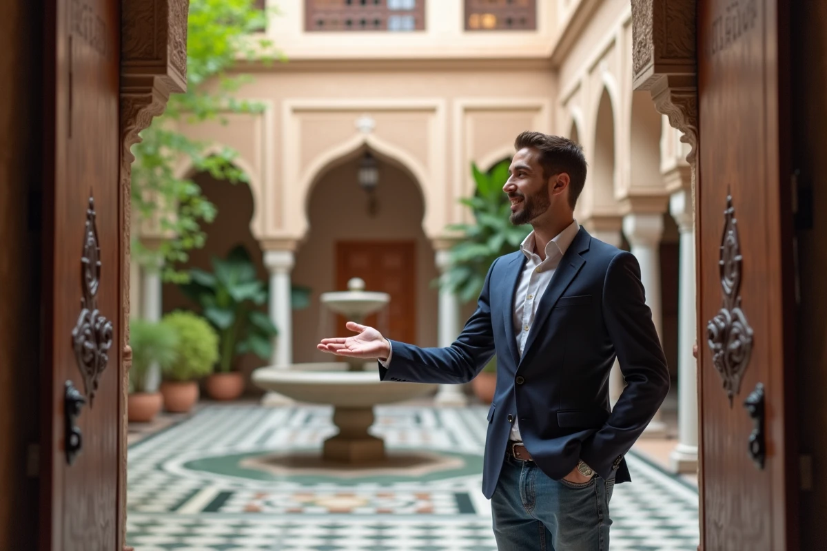 Jeune homme marocain dans la cour d un riad renové