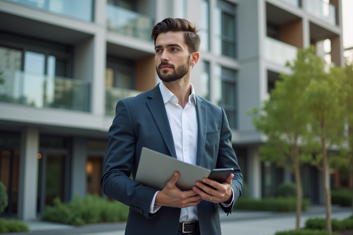 Jeune homme d affaires regardant des documents devant un immeuble