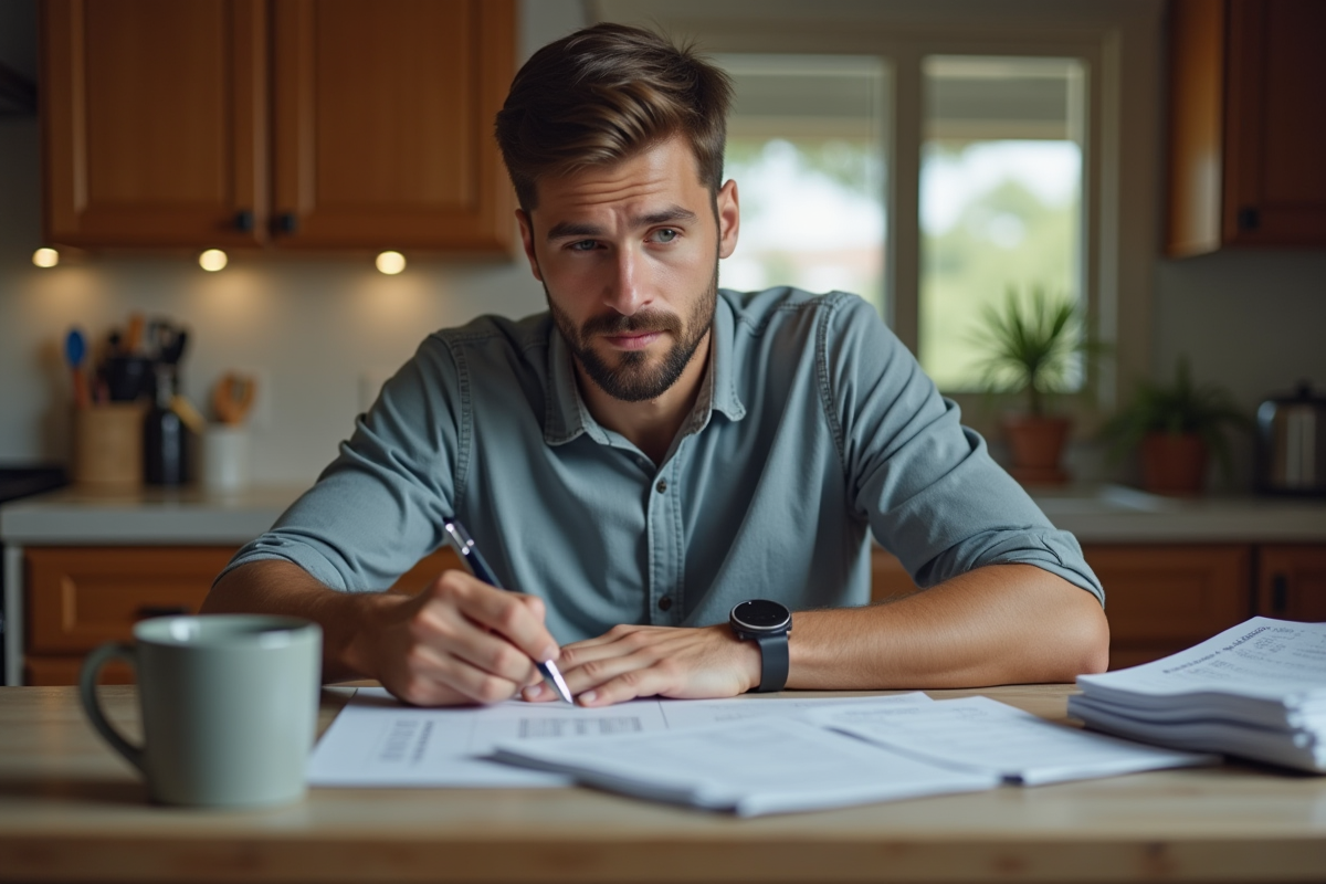 Jeune homme remplit un tableau de prêt dans sa cuisine