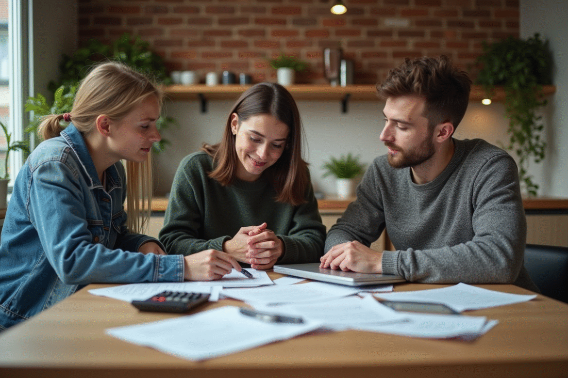 Trois jeunes adultes discutant autour d'une table de cuisine