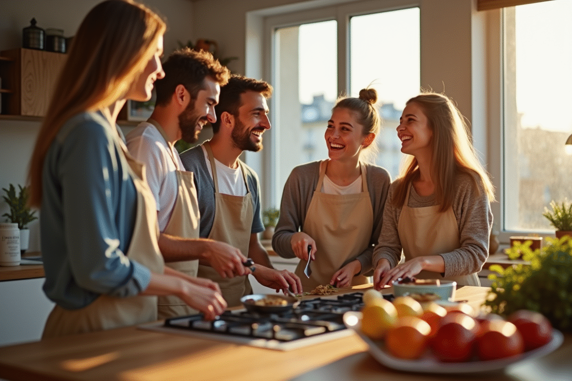 Jeunes adultes cuisinant dans une cuisine moderne à Paris