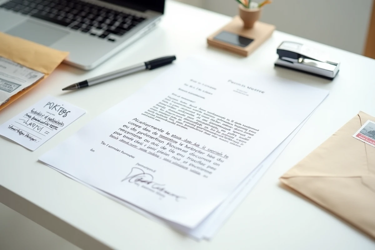 Vue de dessus d'une lettre notariale avec pièces justificatives manquantes et enveloppe prête à envoyer