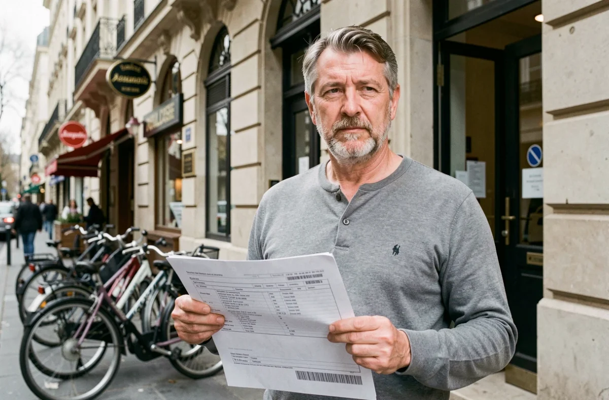 Locataire tenant un contrat de bail meublé devant un immeuble en zone tendue à Paris