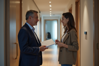 Homme en costume parlant avec une locataire dans un hall moderne