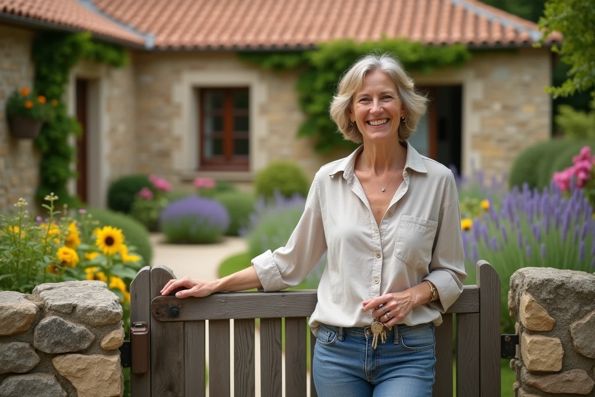 Femme devant une petite maison avec jardin à louer en location longue durée dans le Gers, département 32