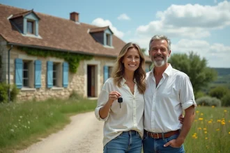 Couple de particuliers devant une maison de campagne en pierre à louer à prix abordable en France rurale