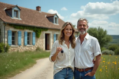 Couple de particuliers devant une maison de campagne en pierre à louer à prix abordable en France rurale