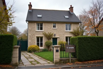 Maison à vendre dans l'Oise avec panneau de vente dans le jardin en automne