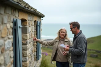 Couple inspectant les fissures d'une maison normande en pierre avec vue sur la mer avant signature