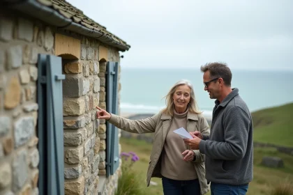 Couple inspectant les fissures d'une maison normande en pierre avec vue sur la mer avant signature