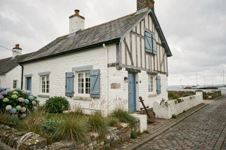 Maison de pêcheur normande en pierre avec colombages et volets bleus, vue sur un port en arrière-plan