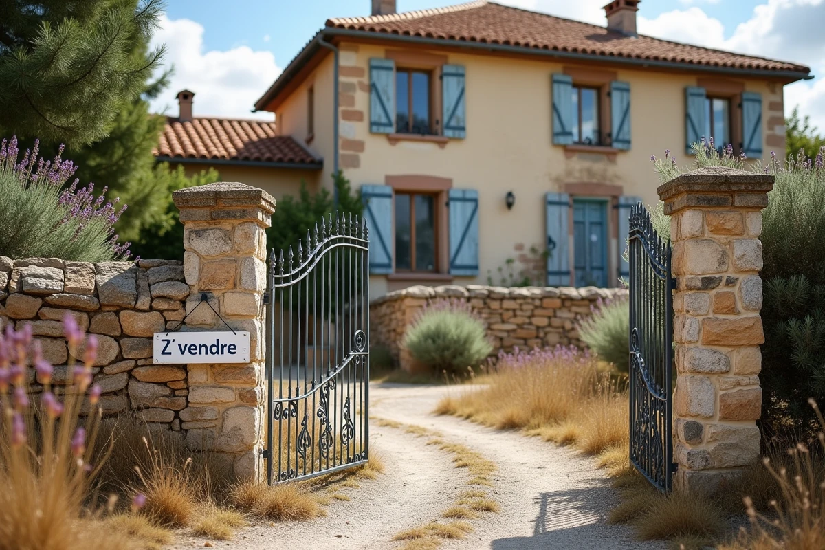 Maison en pierre à vendre dans l'Aude avec panneau vente urgente cause divorce sur le portail d'entrée