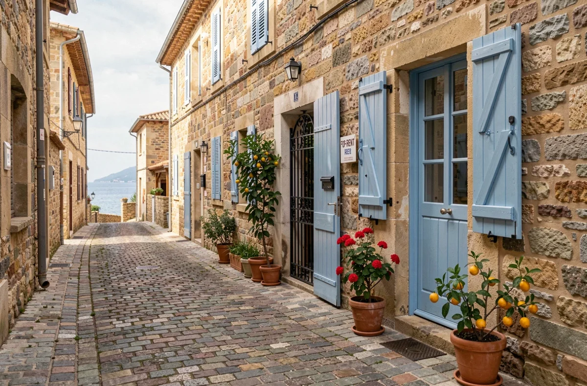 Maison avec volets bleus et jardin privatif à louer dans un village côtier des Pyrénées-Orientales