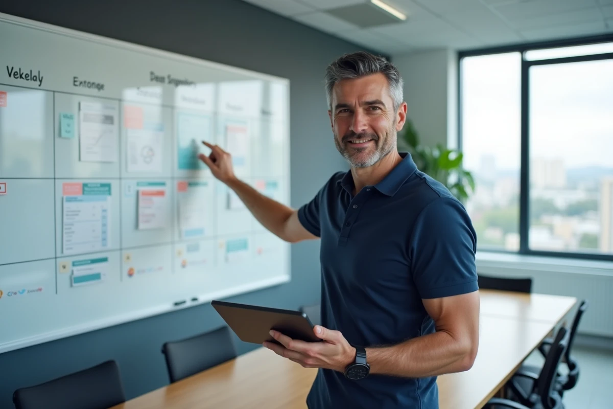 Manager expliquant la planification d'équipe avec un tableau de planning et une tablette numérique en salle de réunion