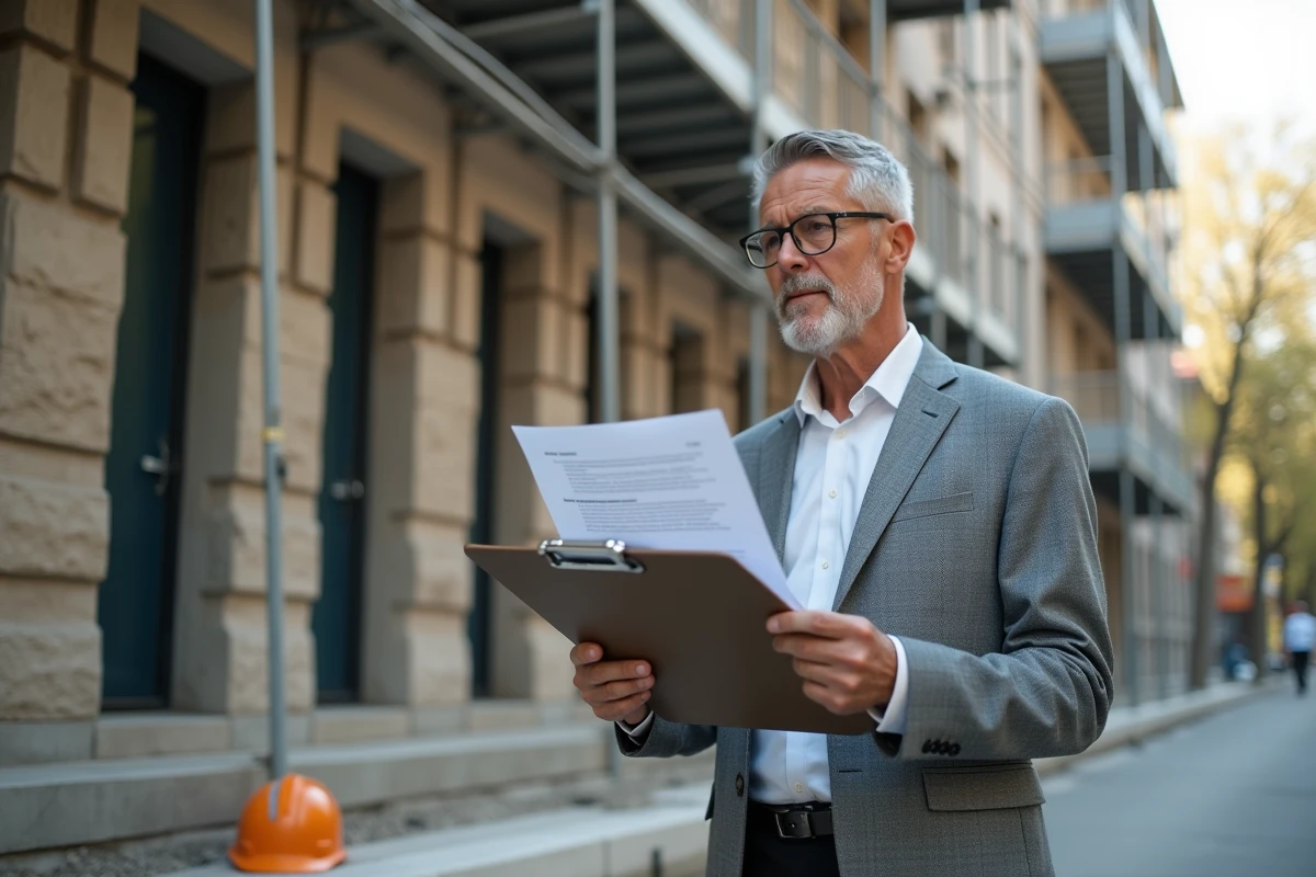 Marchand de bien inspectant un immeuble en rénovation avec des documents fiscaux et administratifs