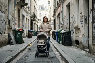 Jeune mère poussant une poussette dans un quartier défavorisé de Blois avec des trottoirs dégradés