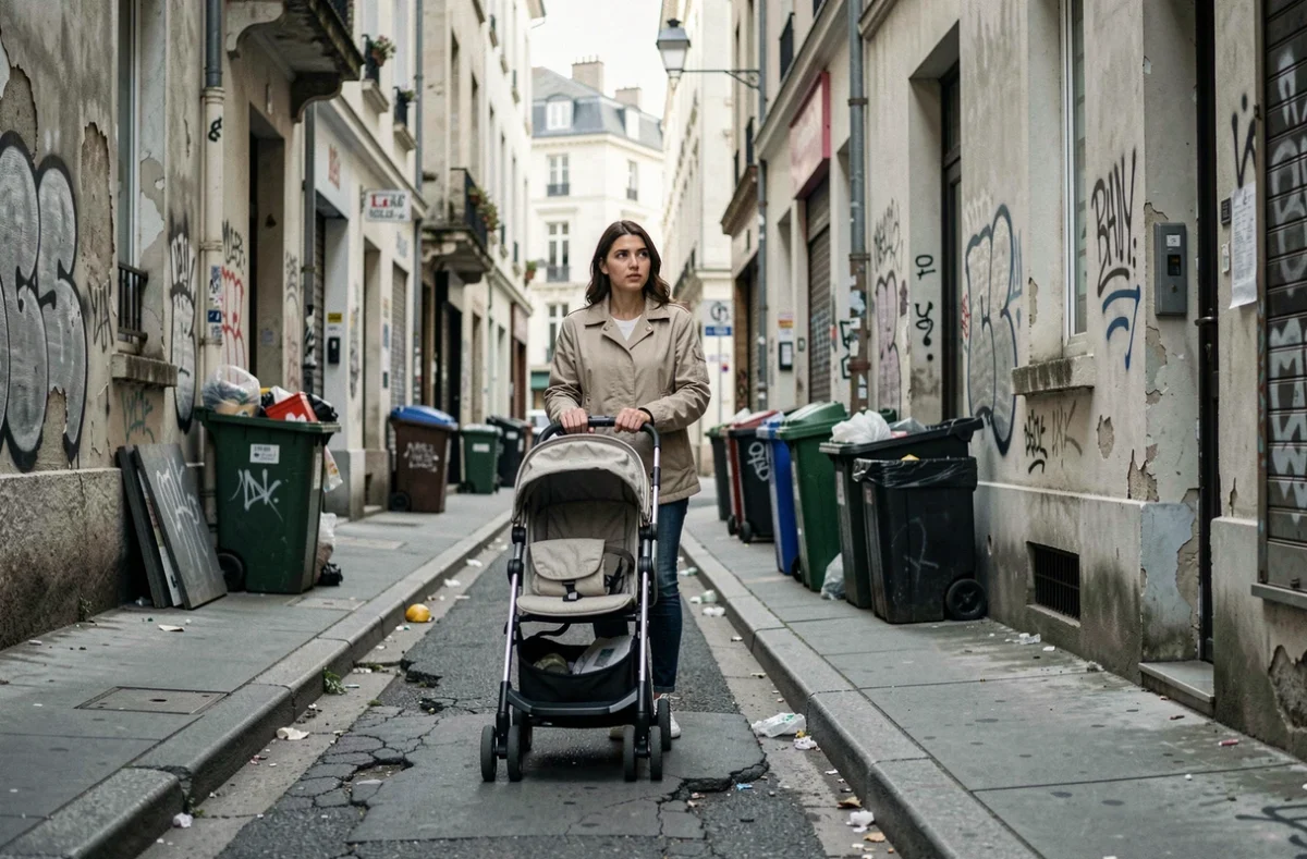 Jeune mère poussant une poussette dans un quartier défavorisé de Blois avec des trottoirs dégradés