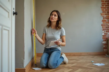 Femme mesurant un angle irrégulier dans une pièce en rénovation avec un mètre ruban jaune et un carnet de notes