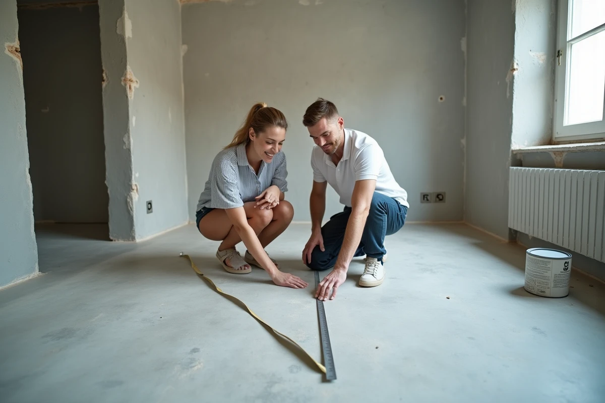 Couple mesurant les dimensions d'une pièce trapézoïdale vide avec un mètre ruban avant rénovation