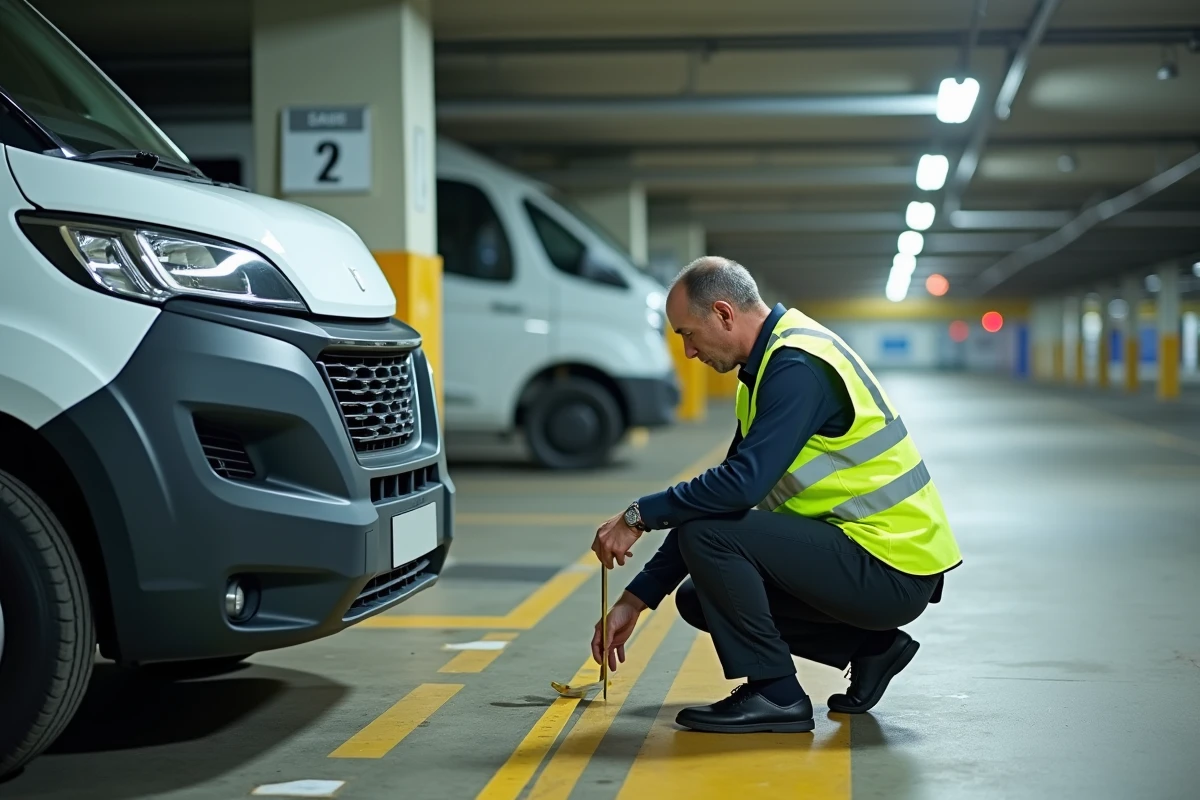 Agent de parking mesurant la largeur d'une place avec un mètre ruban à côté d'un utilitaire blanc dans un parking souterrain