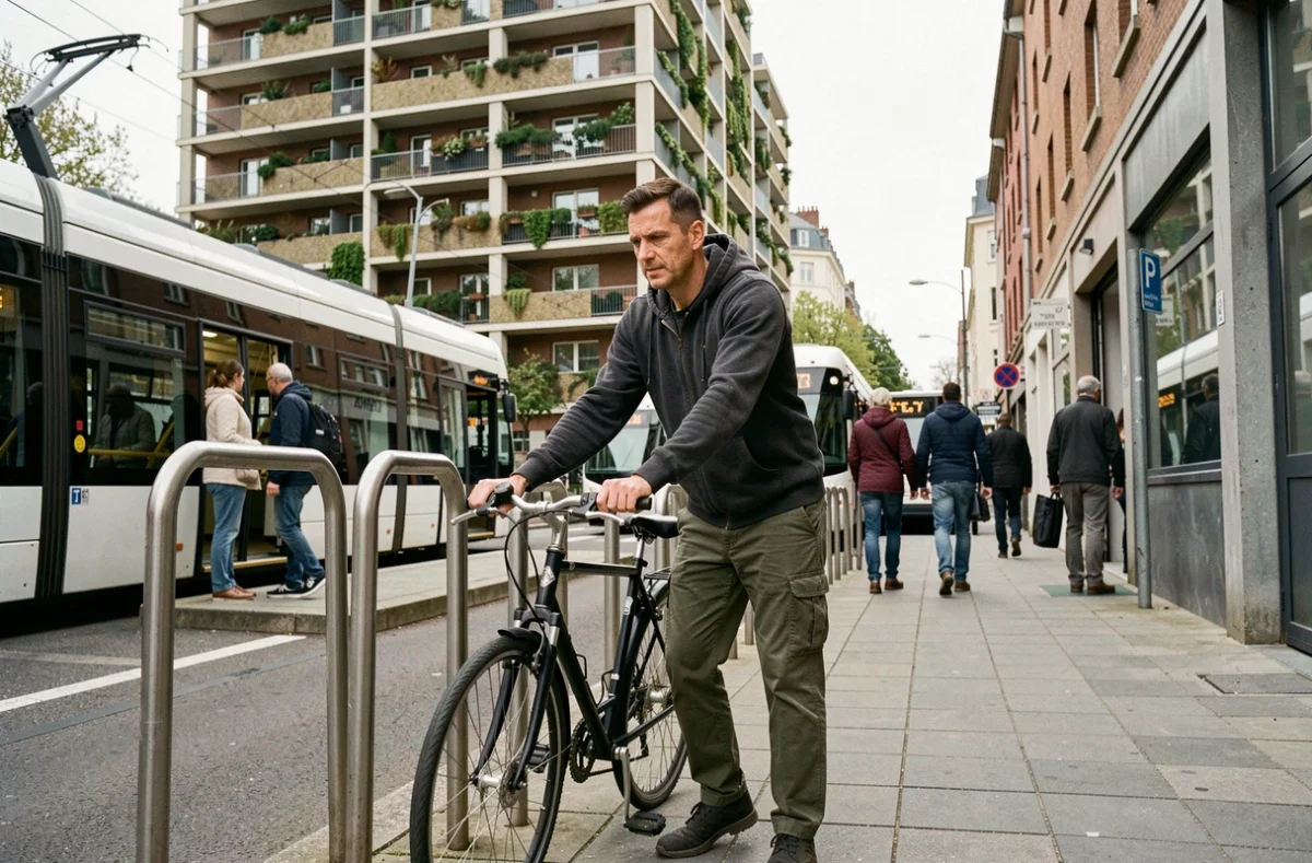Homme attachant son vélo devant une station de transport en commun dans le quartier Villejean Beauregard, illustrant la mobilité sans voiture à Rennes