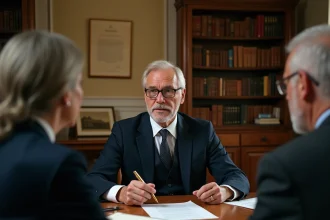 Un notaire en costume marine discute des frais de viager avec un couple dans un bureau notarial traditionnel