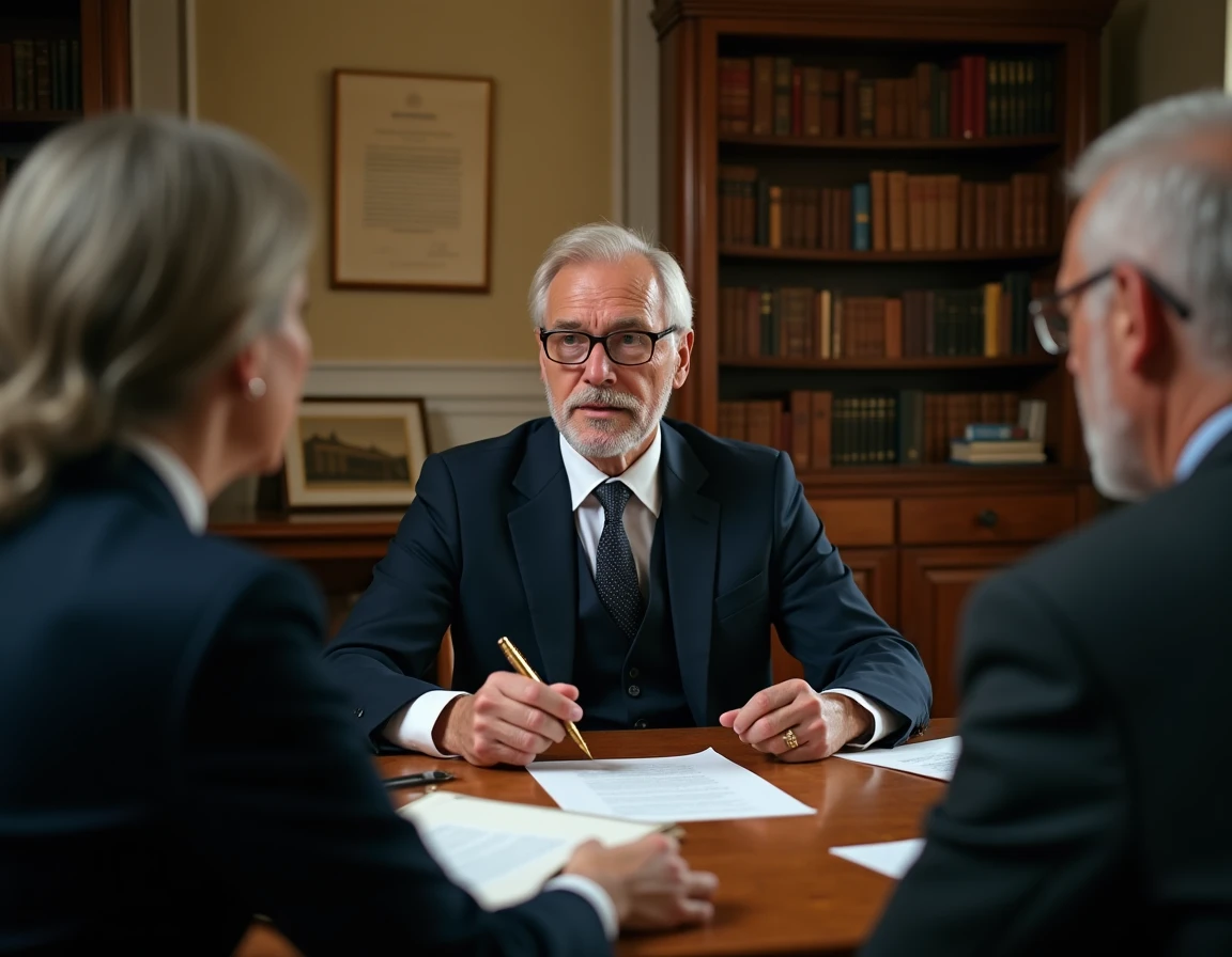 Un notaire en costume marine discute des frais de viager avec un couple dans un bureau notarial traditionnel