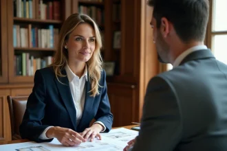 Négociation du prix d'un appartement haussmannien à Paris entre une acheteuse et un agent immobilier dans une agence parisienne