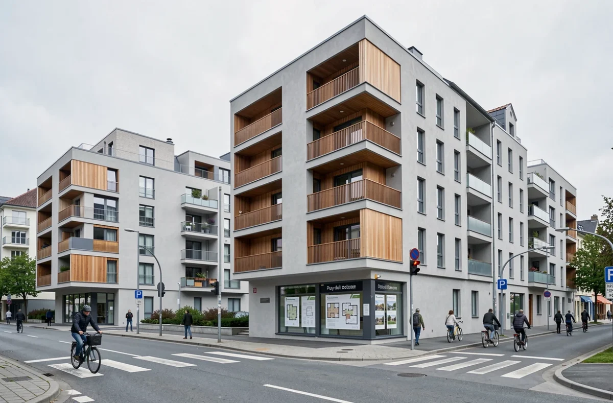 Grand complexe d'appartements neufs Nexity dans le département du Puy-de-Dôme avec vitrine d'agence présentant les plans