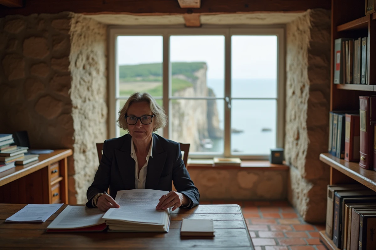 Notaire révisant un acte de vente dans une maison normande avec vue sur les falaises côtières