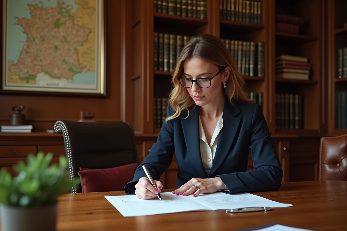 Notaire française examinant un contrat de vente immobilière urgente lié à un divorce dans un bureau professionnel de l'Aude