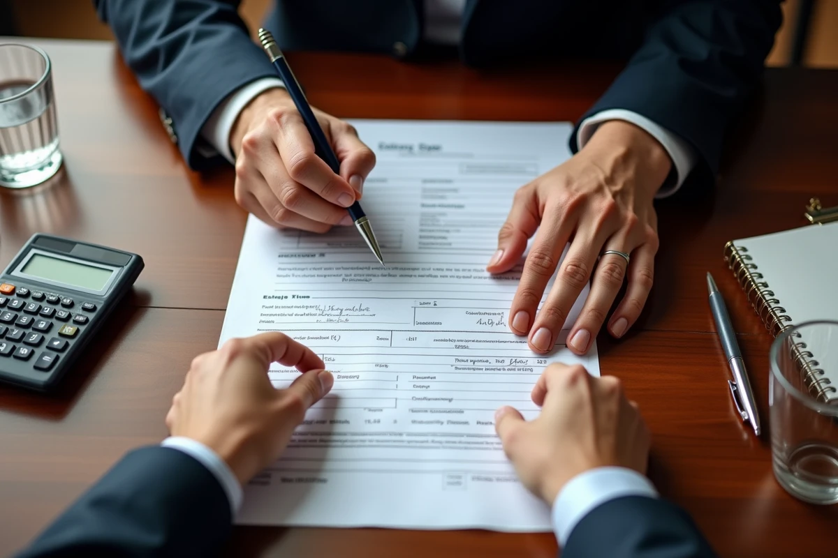 Notaire pointant les frais détaillés sur un document officiel lors d'une signature immobilière