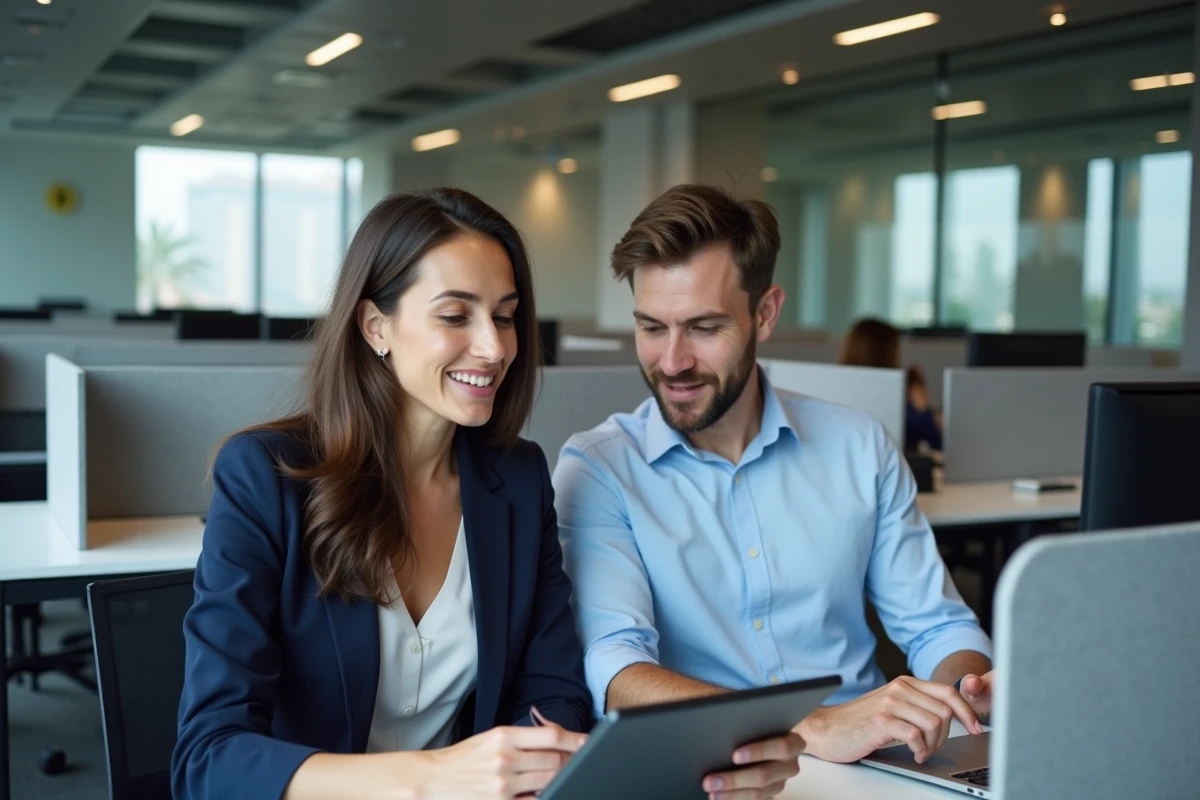 Espace de bureaux open-space moderne à Almas Tower JLT avec deux collègues discutant autour d'une tablette dans un cadre professionnel à Dubaï