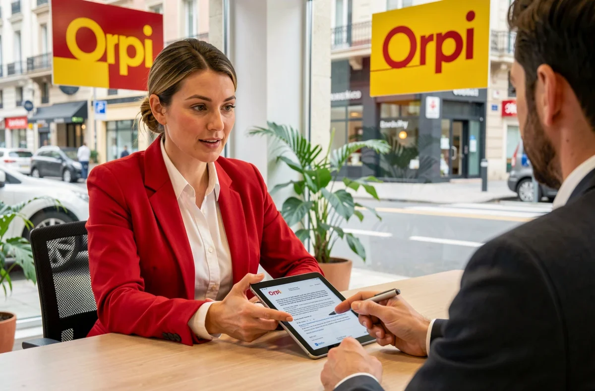 Agente Orpi Orléans expliquant un contrat de gestion locative à un client dans le Loiret