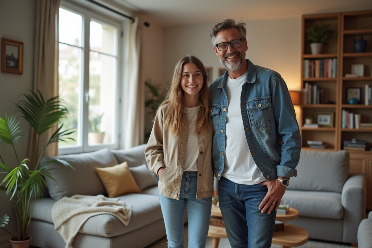 Père et fille découvrant un appartement parisien lumineux